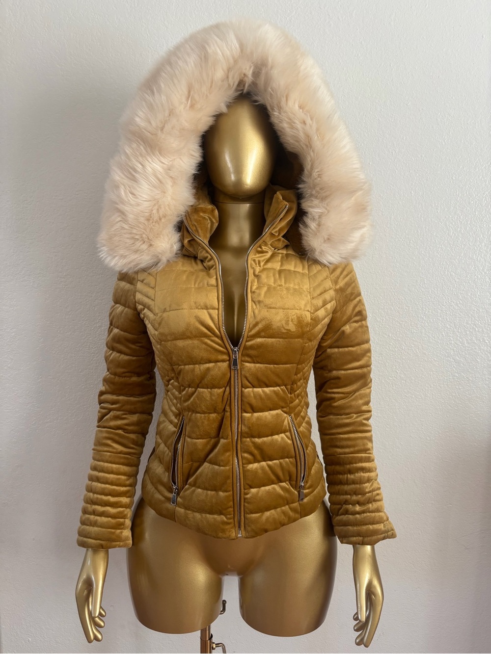 Velvet Hooded Puffer Jacket with Faux Fur Trim - Mustard Gold